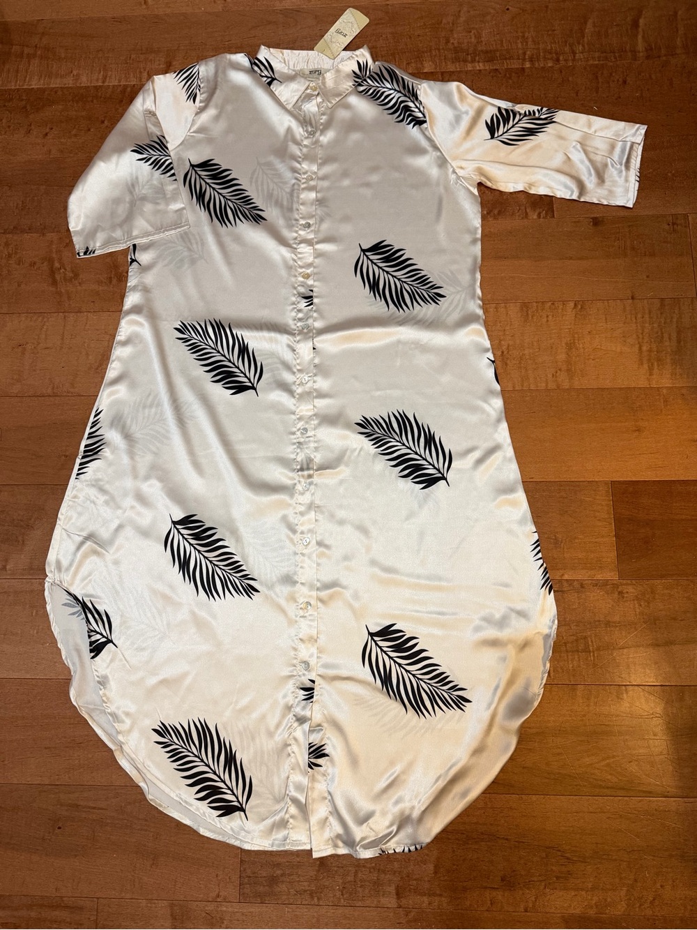 Women’s Cream One-Piece Shirt Dress with Black Leaf Print